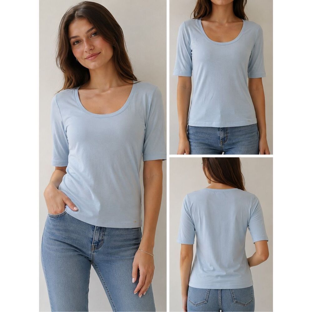 MarcCain Blue Scoop Neck Stretch Top Sz L Cotton Blend European Collection Note
